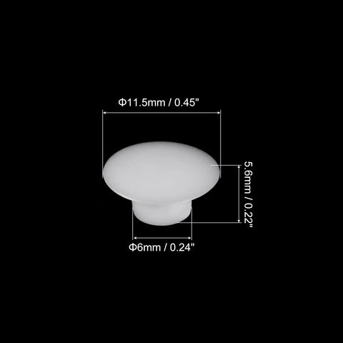 Close-up of Six Millimeter White Plastic Snap In Shelf Hole Plugs Flush Caps 100 Pack For Furniture Cupboard By Uxcell Durable Plastic Caps.