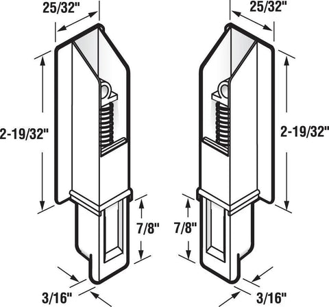 Diagram of White Plastic Sliding Panel Door Bottom Guides For Glide All Systems Three Sixteenths Inch Insert Tip Into Three Sixteenths Inch Channel Spring Loaded With Seven Eighths Inch Height Adjustment Bottom Corner Mount Single Pack