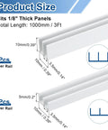 White Plastic Sliding Door Track Kit For One Eighth Inch Glass Panels showing 3 ft upper and lower rails with dimensions.
