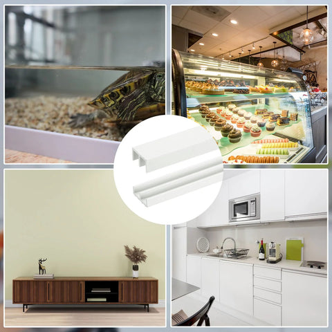 Collage of environments including a living room, kitchen, and store with White Plastic Sliding Door Track Set for 1/4 Inch Thick Panels.
