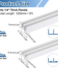 Diagram showing sizes of white plastic sliding door track set for one quarter inch thick glass panels with upper and lower rails.