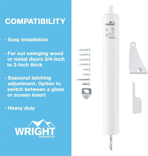 Heavy-Duty Pneumatic Storm Door Closer - Durable, Adjustable, Quiet-Closing with Hold-Open Feature (Transitional, White) and mounting hardware.