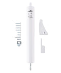 Heavy-Duty Pneumatic Storm Door Closer - Durable, Adjustable, Quiet-Closing with Hold-Open Feature (Transitional, White) shown with mounting hardware.