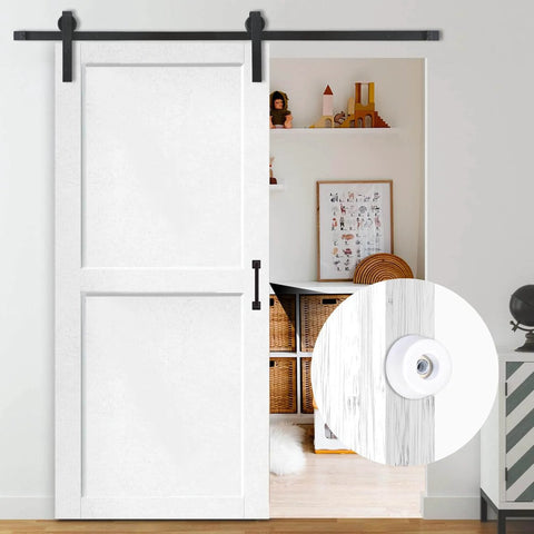 Sliding Pocket Door Hardware Kit installed on a 1-3/8 inch thick white door with focus on door hanger rollers for interior use