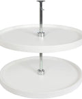 28 Inch Full Round Polymer Lazy Susan Cabinet Organizer In White With 360 Degree Rotation showing double shelves and metal post