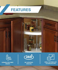 Open cabinet with 28 Inch Full Round Polymer Lazy Susan Cabinet Organizer in White featuring 360 Degree Rotation and two shelves.