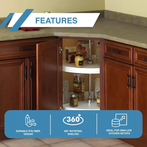 Open cabinet with 28 Inch Full Round Polymer Lazy Susan Cabinet Organizer in White featuring 360 Degree Rotation and two shelves.