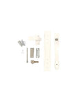 White Push Button Heavy Duty Storm Door Latch With Keyed Lock Set showing replacement parts and screws for 1-3/4 inch center mount holes.