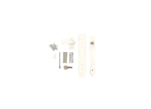 White Push Button Heavy Duty Storm Door Latch With Keyed Lock Set showing replacement parts and screws for 1-3/4 inch center mount holes.