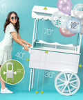 Candy Cart On Wheels For Parties With 40 Balloons Included PVC Dessert Cart For Weddings Baby Showers And Vendor Events Durable PVC Party Display Stand shown with dimensions and balloons.