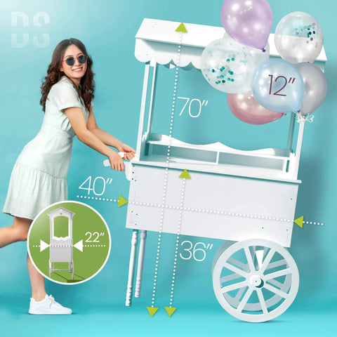 Candy Cart On Wheels For Parties With 40 Balloons Included PVC Dessert Cart For Weddings Baby Showers And Vendor Events Durable PVC Party Display Stand shown with dimensions and balloons.