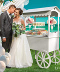 Candy Cart On Wheels For Parties With 40 Balloons Included PVC Dessert Cart For Weddings Baby Showers And Vendor Events Durable PVC Party Display Stand at outdoor wedding with couple.