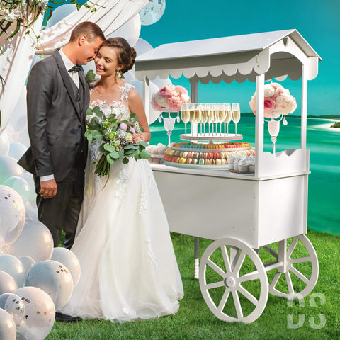 Candy Cart On Wheels For Parties With 40 Balloons Included PVC Dessert Cart For Weddings Baby Showers And Vendor Events Durable PVC Party Display Stand at outdoor wedding with couple.
