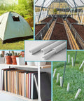 Collage featuring uses of Garden PVC Pipe Pure White 20mm Outer Diameter 0.79 Inch 1000mm Length in greenhouses, tents, and shelving.