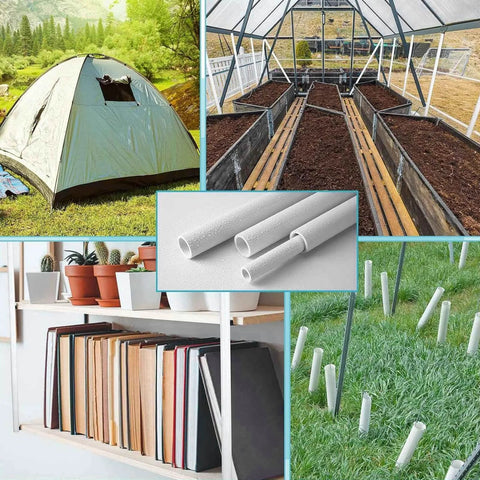 Collage featuring uses of Garden PVC Pipe Pure White 20mm Outer Diameter 0.79 Inch 1000mm Length in greenhouses, tents, and shelving.