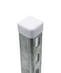 White Plastic Square End Cap For 1-5/8 Inch Strut Channel Ends installed on metal channel to prevent damage and debris buildup