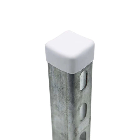 White Plastic Square End Cap For 1-5/8 Inch Strut Channel Ends installed on metal channel to prevent damage and debris buildup