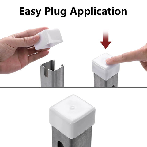 Soft rubber end caps for 1-5/8 inch Unistrut channels in white installed on metal channel for easy edge protection.