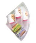 Quarter Wedge Lazy Susan Turntable Organizer With Handle In White, holding several food boxes. Made from recycled plastic.