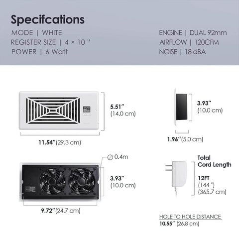 Specifications of Quiet 4 By 10 Inch Register Booster Vent Fan With 10 Speed Smart Remote And Thermostat Control, showing dimensions and features.
