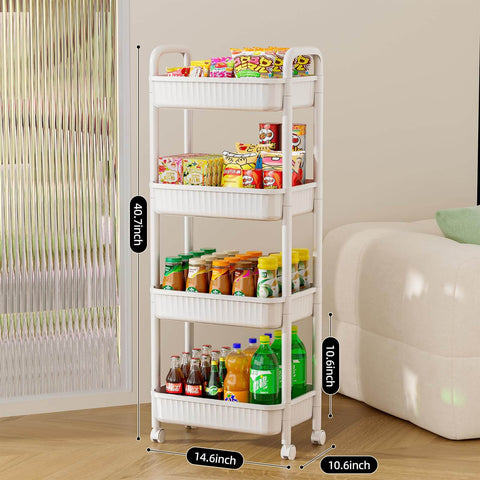 Four Tier Rolling Cart With Wheels For Kitchen Office Bedroom And Craft Storage Lightweight Yet Sturdy Utility Cart On Locking Casters White Perfect Go To Diaper Snack Tool Organizer For Home Use with dimensions shown