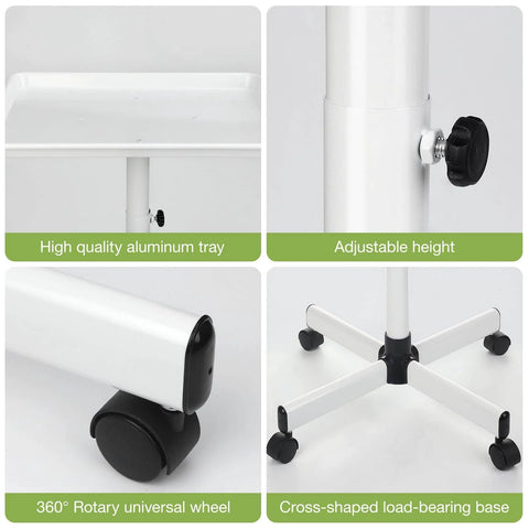 White Salon Tray Rolling Cart With Wheels Adjustable Height Service Tray For Tattoo Medical And Dental Rooms Minimalist Color Tray On Four 360 Degree Casters Easy Height Lift Durable Mobile Beauty Tray