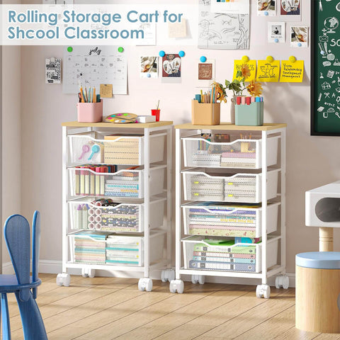 Rolling Storage Cart With Four Drawers And Wooden Top Metal Frame Lockable Wheels And Smooth Slide Drawers A Must Have Craft Organizer For Living Room Bedroom Office And Classroom In Bright White