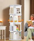 Four Tier Rotating Bookshelf Tower With 360 Degree Spin in corner of room