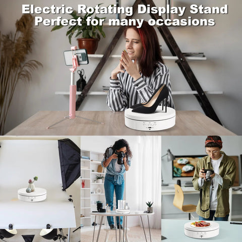 White Rotating Display Stand With USB And Battery Power, 5.7 Inch Turntable for showcasing products in various settings and uses.