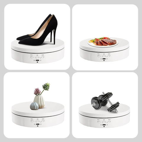 White Rotating Display Stand with USB and Battery Power, 5.7 Inch Turntable showing shoe, food, vase, and weights for diverse display