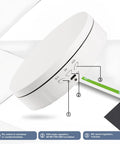 Side view of white rotating display stand with USB and battery power, showcasing controls for angle and speed adjustment.