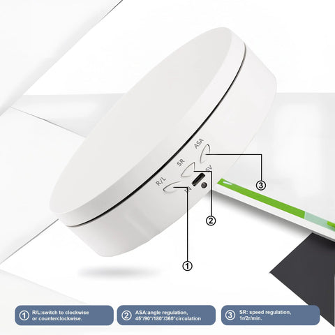 Side view of white rotating display stand with USB and battery power, showcasing controls for angle and speed adjustment.