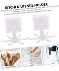 Two white rotating kitchen utensil holder hangers with six hooks for organizing under cabinets, with images showing various uses.