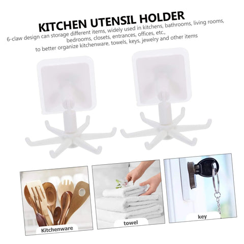 Two white rotating kitchen utensil holder hangers with six hooks for organizing under cabinets, with images showing various uses.