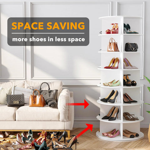 7 Tier Rotating Shoe Rack Tower With Spinning Lazy Susan Display showcasing shoes and handbags in white vertical closet organizer