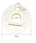 White circular mounting base with 60mm diameter and 35mm center spacing, showing 18mm, 9mm, and 5mm hole measurements.