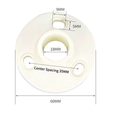 White circular mounting base with 60mm diameter and 35mm center spacing, showing 18mm, 9mm, and 5mm hole measurements.