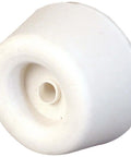 Close-up of white rubber anti-slam door bumper for wardrobe jambs showing round design, part of a 4 pack with mounting hardware.