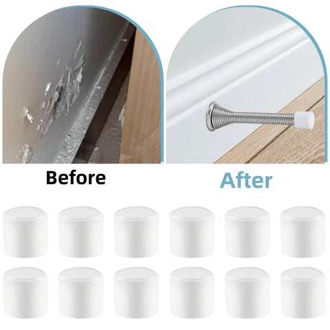 Before and after image showing wall damage repaired with 25 Pack Door Stop Tips Caps 0.39 Inch White Rubber Universal Replacement Bumpers For Door Stops Hinges Wall Mount Baseboard Protectors Quiet Close Easy Install Durable Rubber Tips.