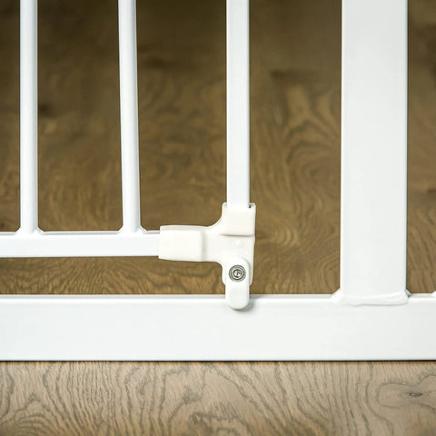Close-up of latch on Extra Wide Baby Gate For Doorways And Bottom Of Stairs Adjustable From 29 To 38 Inches 30 Inches Tall With 6 Inch Extension Pressure Mounted Safety Gate For Babies Toddlers And Pets American Designed And Owned White