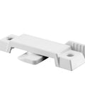 White diecast sash lock for sliding windows, replaces worn sash locks with a durable cam-action lock for vertical and horizontal sliding windows.