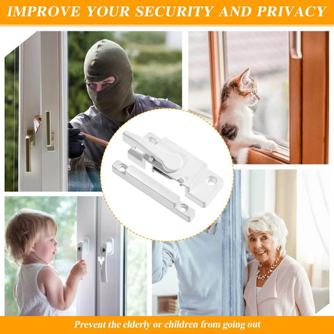 Images showcasing situations benefited by the 10-Pack Universal Window Sash Locks provide reinforced security, including a close-up of the lock.
