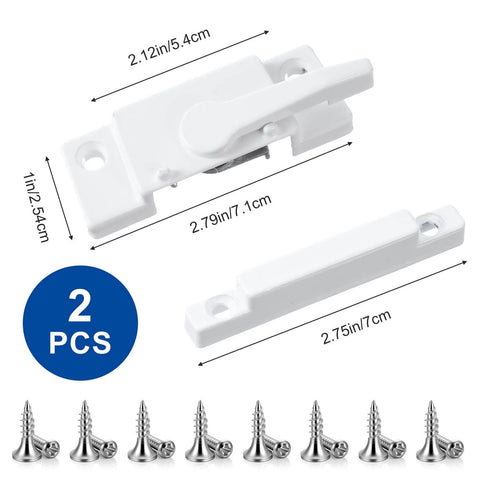 Enhance home security with this 2-pack white sash locks for single and double hung windows, shown with measurements and screws