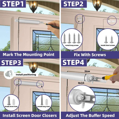 Installation steps of the White Screen Door Closer Set Heavy Duty Pneumatic Storm Door Shock Adjustable Speed Cushioned Closure.