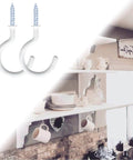 White screw-in hooks for kitchen shelf organization holding cups and kitchenware with visible shelves and hooks installation.