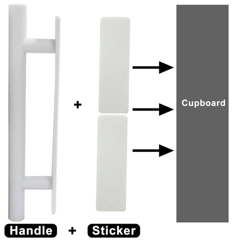 10 Pack White Self Adhesive Cabinet Handles 135mm 5.3 Inch with adhesive stickers for kitchen cabinets and drawers installation diagram