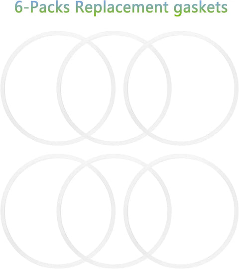 Front view of six-piece set of 10cm white rubber sealing gaskets O ring replacement for Ninja Juicer Blenders Auto IQ Series seals.