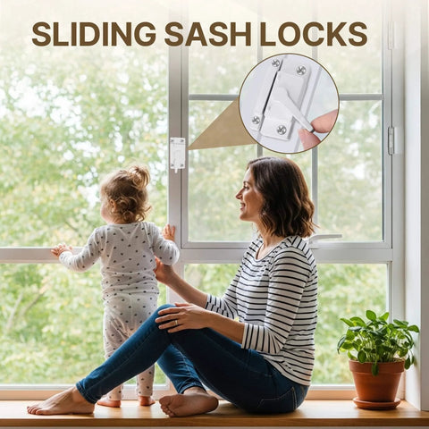 View of Durable White Cam Window Locks Set For Single And Double Hung Windows 4 Pcs Sash Locks Replacement installed on window.
