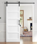 White 32x84 Inch Sliding Barn Door Slab With 5-Panel MDF Panels, Waterproof Scratch-Resistant PVC Surface, shown installed