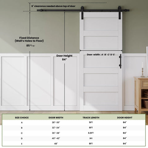 Installed 36 Inch By 84 Inch Sliding Barn Door With Six Point Six Foot Hardware Track Kit And Handle, shown in white panel design.